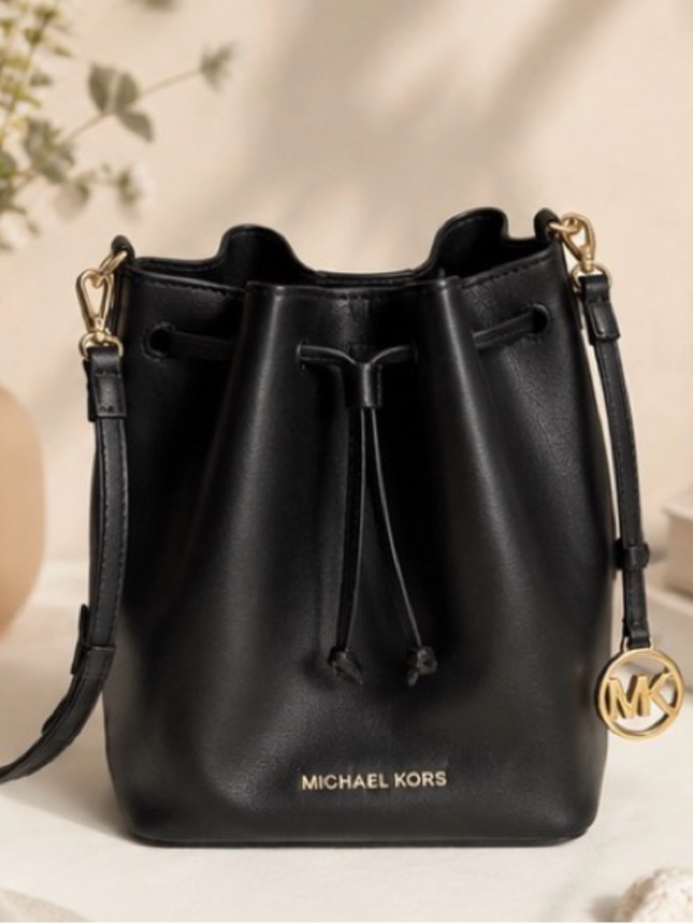 Michael Kors Black Leather Drawstring Crossbody Bucket Bag